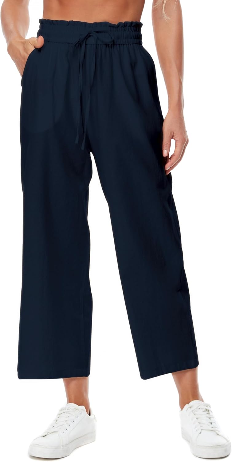 Womens Linen Wide Leg Pants High Waisted Drawstring Loose Pants with Pocket