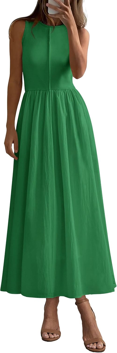 Women 2026 Summer Casual Sleeveless Patchwork Flowy Vacation Sundress Knit Long Work Tank Dress
