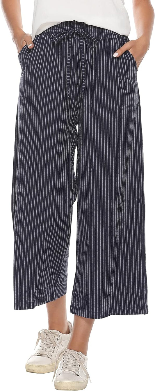 Womens Linen Wide Leg Pants High Waisted Drawstring Loose Pants with Pocket