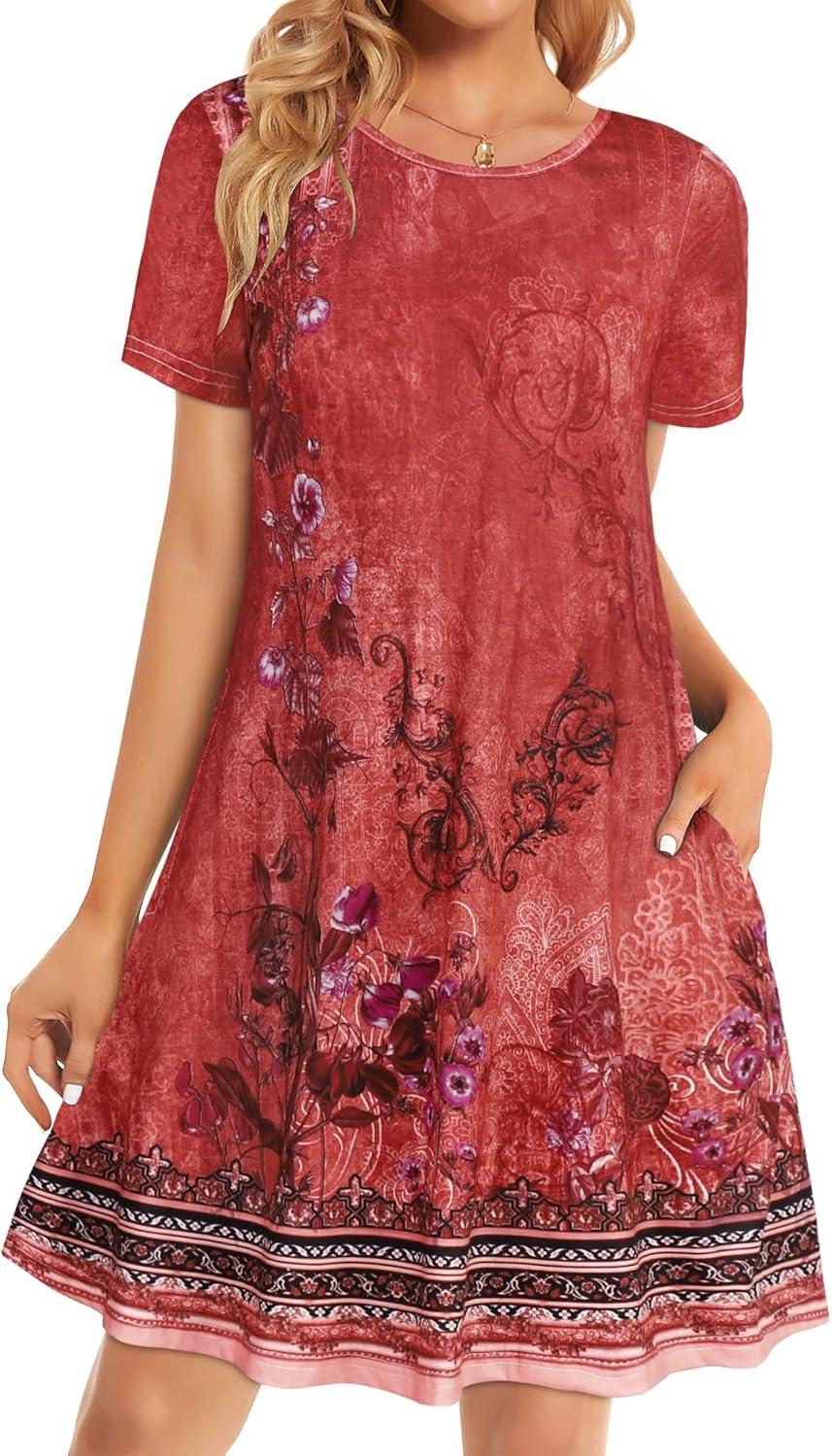 Womens Summer Dresses Beach Casual Loose Tshirt Floral Short Sleeve Flowy Pockets Sundresses