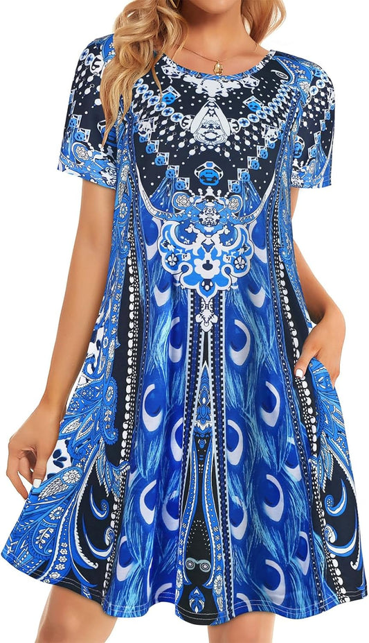 Womens Summer Dresses Beach Casual Loose Tshirt Floral Short Sleeve Flowy Pockets Sundresses