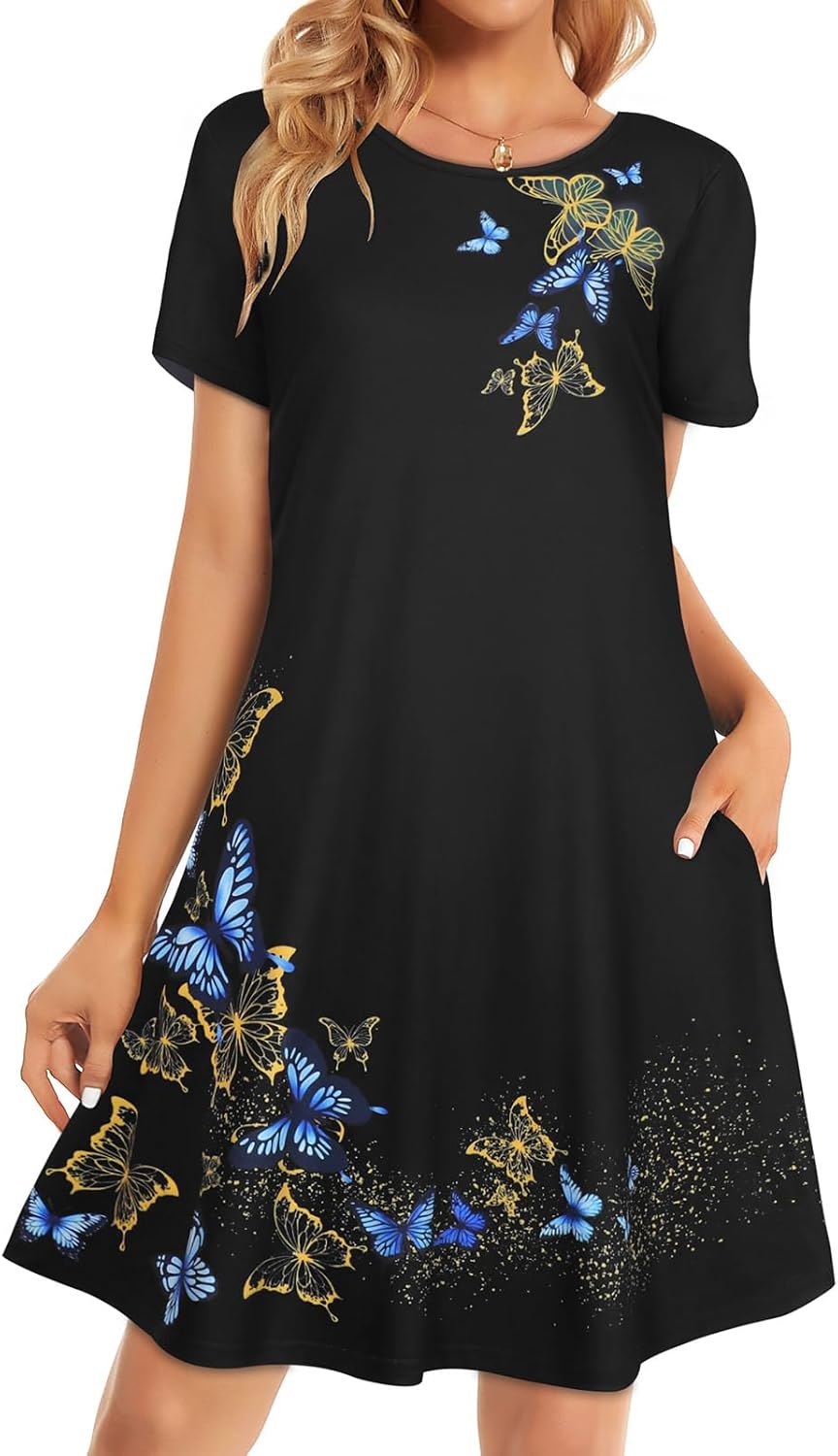 Womens Summer Dresses Beach Casual Loose Tshirt Floral Short Sleeve Flowy Pockets Sundresses