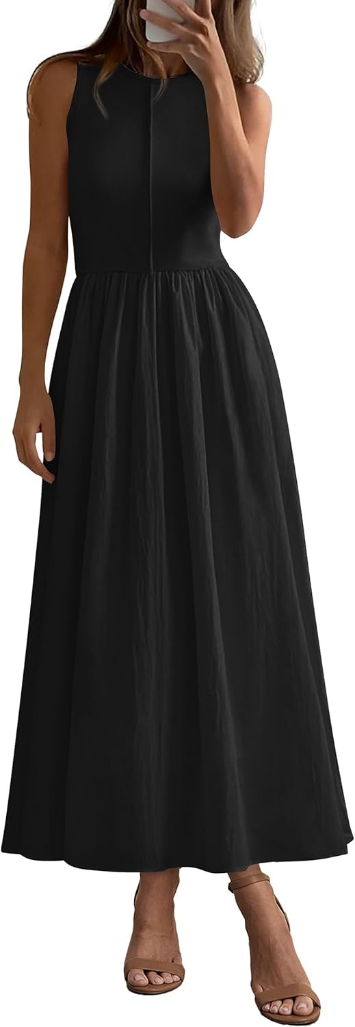 Women 2026 Summer Casual Sleeveless Patchwork Flowy Vacation Sundress Knit Long Work Tank Dress