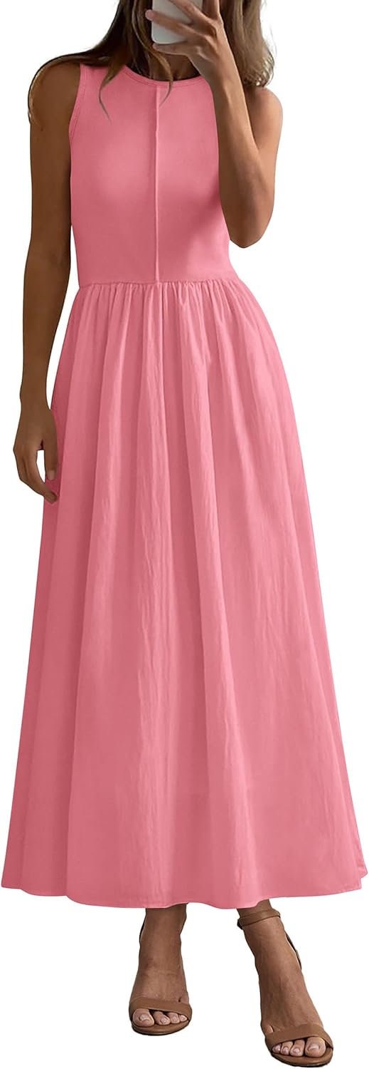 Women 2026 Summer Casual Sleeveless Patchwork Flowy Vacation Sundress Knit Long Work Tank Dress