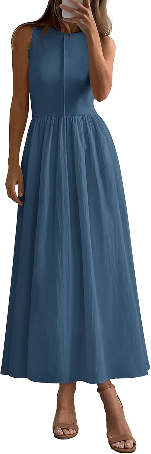 Women 2026 Summer Casual Sleeveless Patchwork Flowy Vacation Sundress Knit Long Work Tank Dress