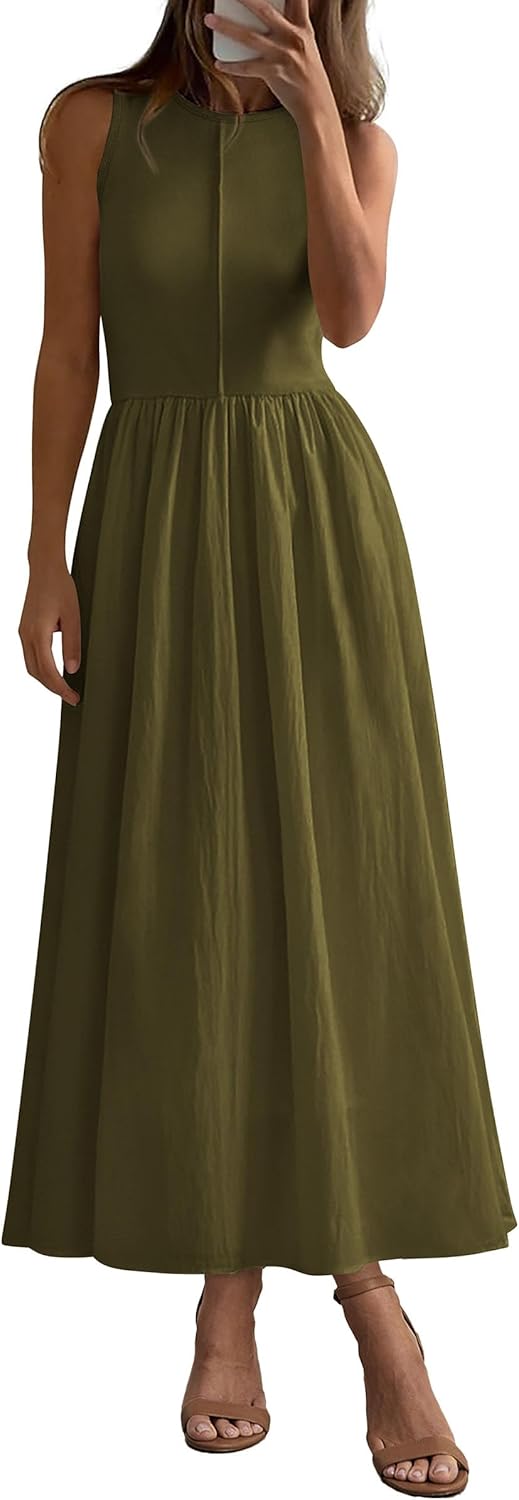 Women 2026 Summer Casual Sleeveless Patchwork Flowy Vacation Sundress Knit Long Work Tank Dress