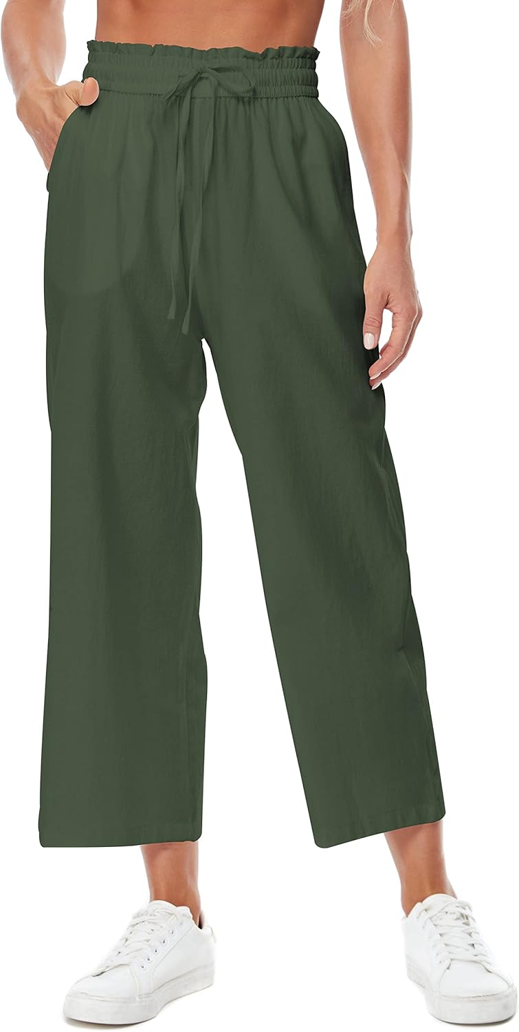 Womens Linen Wide Leg Pants High Waisted Drawstring Loose Pants with Pocket
