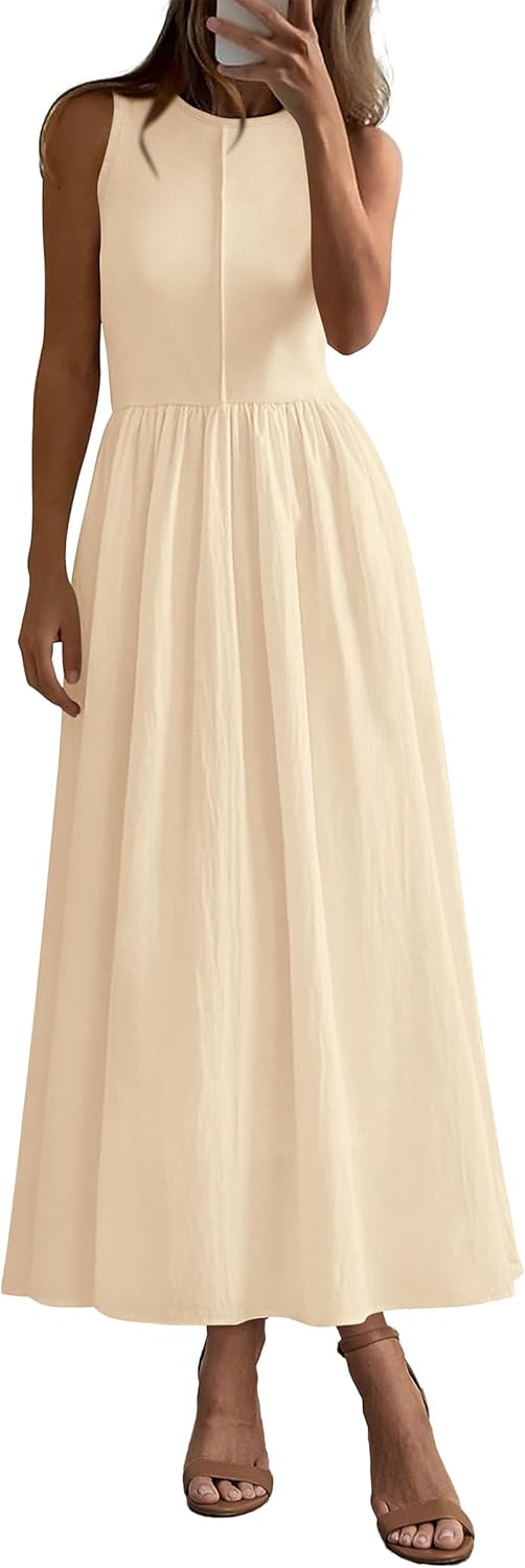 Women 2026 Summer Casual Sleeveless Patchwork Flowy Vacation Sundress Knit Long Work Tank Dress