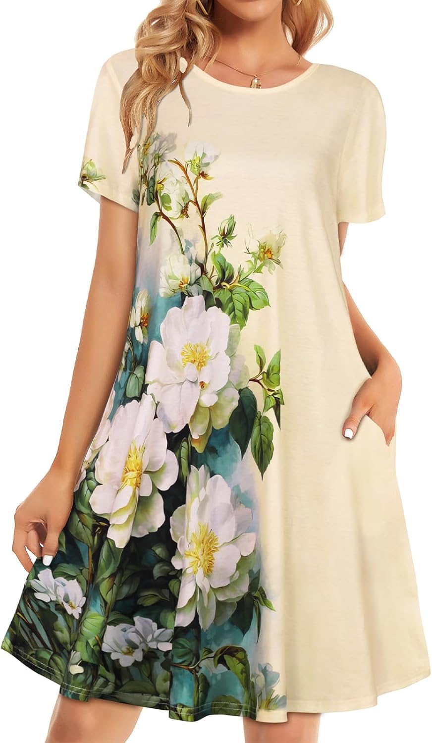 Womens Summer Dresses Beach Casual Loose Tshirt Floral Short Sleeve Flowy Pockets Sundresses