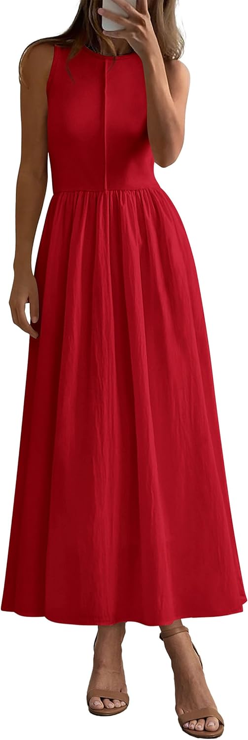 Women 2026 Summer Casual Sleeveless Patchwork Flowy Vacation Sundress Knit Long Work Tank Dress