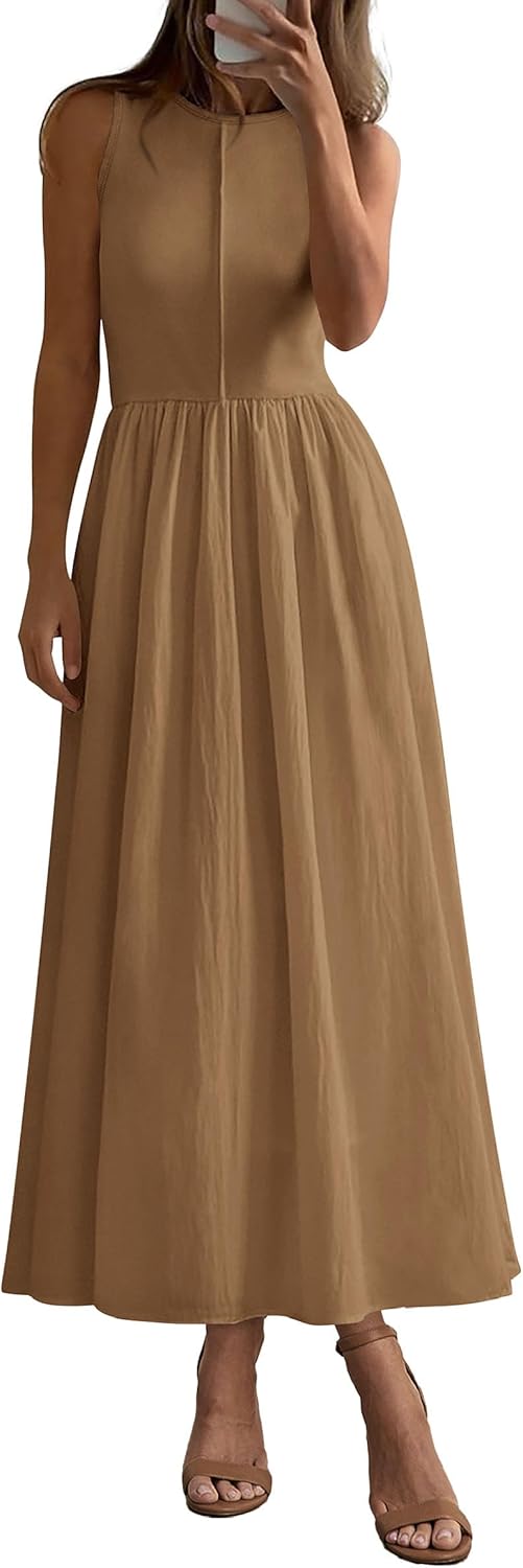 Women 2026 Summer Casual Sleeveless Patchwork Flowy Vacation Sundress Knit Long Work Tank Dress