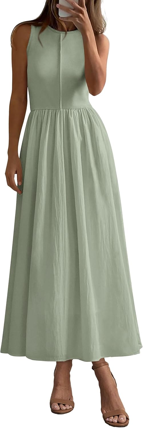 Women 2026 Summer Casual Sleeveless Patchwork Flowy Vacation Sundress Knit Long Work Tank Dress