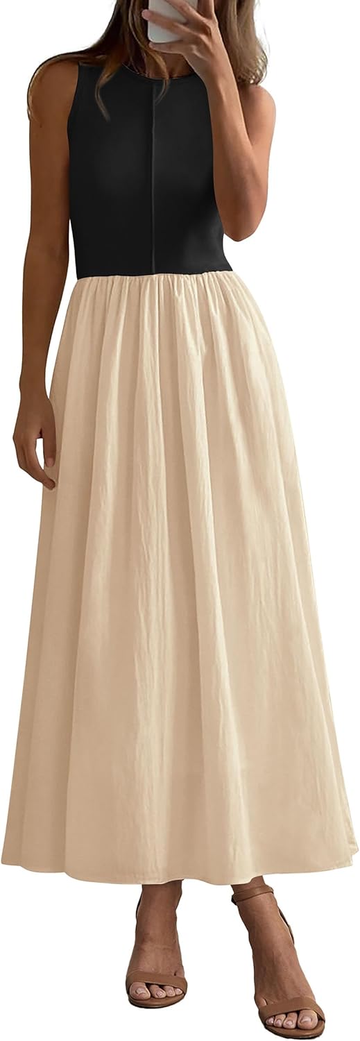 Women 2026 Summer Casual Sleeveless Patchwork Flowy Vacation Sundress Knit Long Work Tank Dress