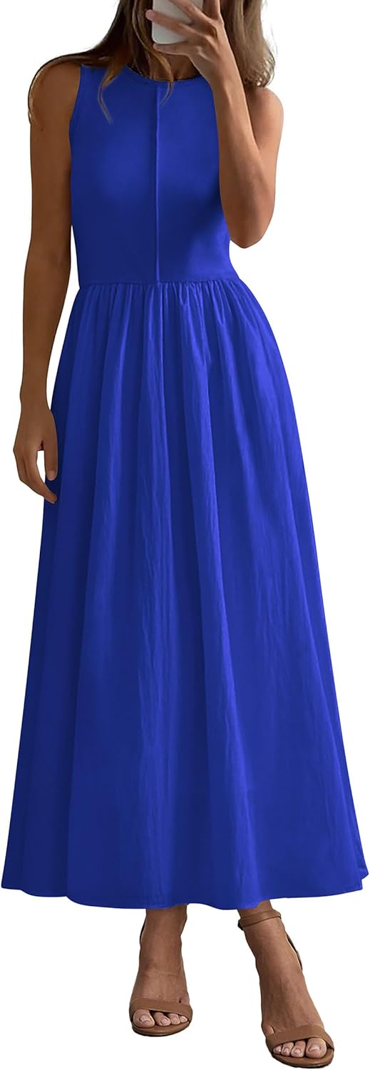 Women 2026 Summer Casual Sleeveless Patchwork Flowy Vacation Sundress Knit Long Work Tank Dress