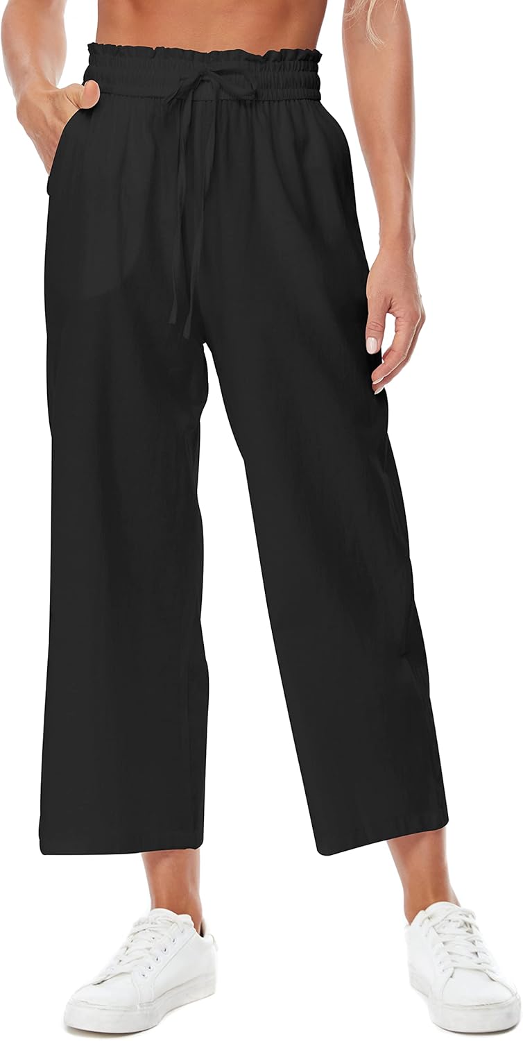 Womens Linen Wide Leg Pants High Waisted Drawstring Loose Pants with Pocket