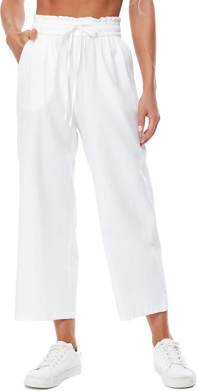 Womens Linen Wide Leg Pants High Waisted Drawstring Loose Pants with Pocket