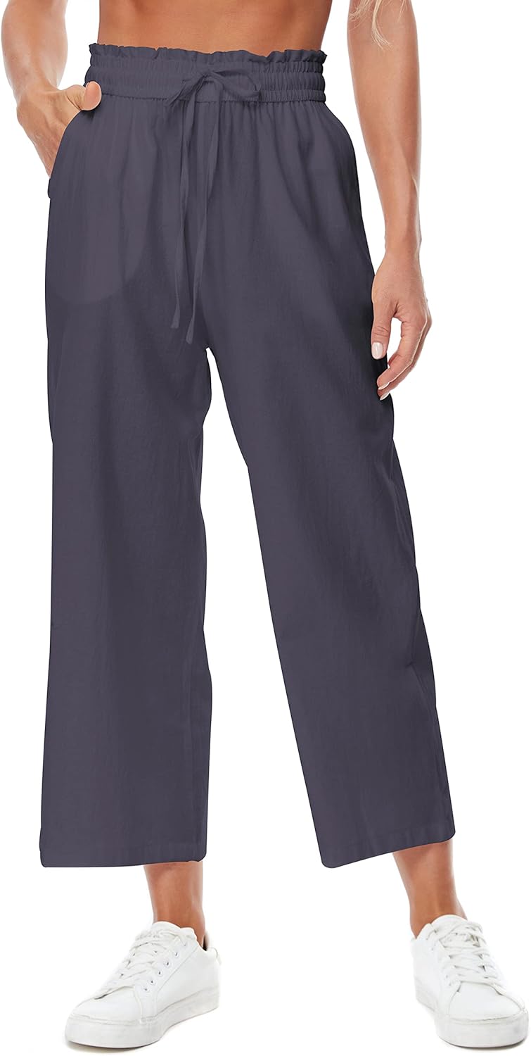 Womens Linen Wide Leg Pants High Waisted Drawstring Loose Pants with Pocket