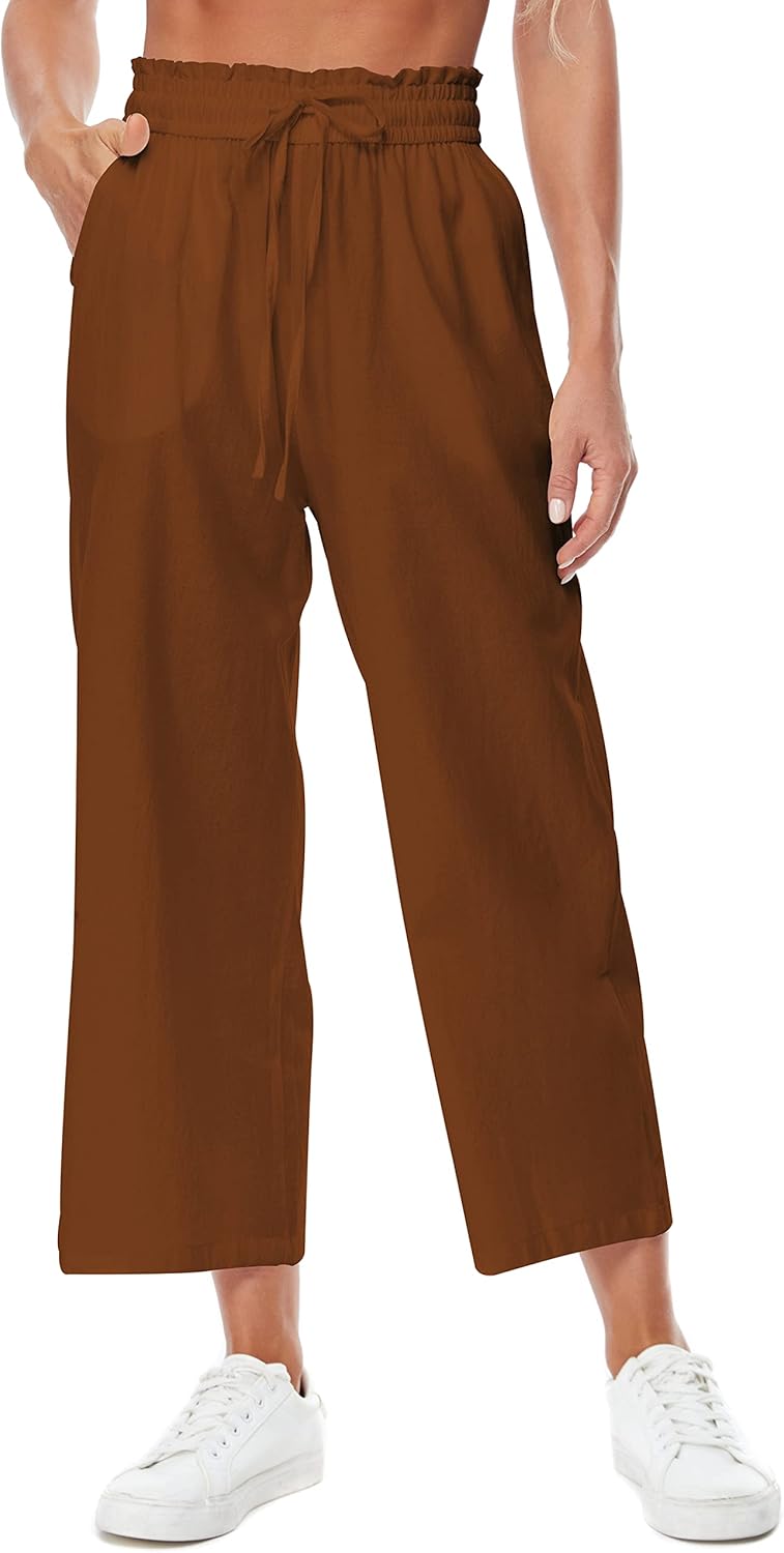Womens Linen Wide Leg Pants High Waisted Drawstring Loose Pants with Pocket