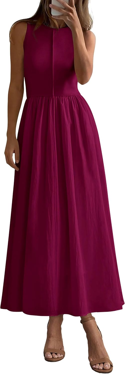 Women 2026 Summer Casual Sleeveless Patchwork Flowy Vacation Sundress Knit Long Work Tank Dress