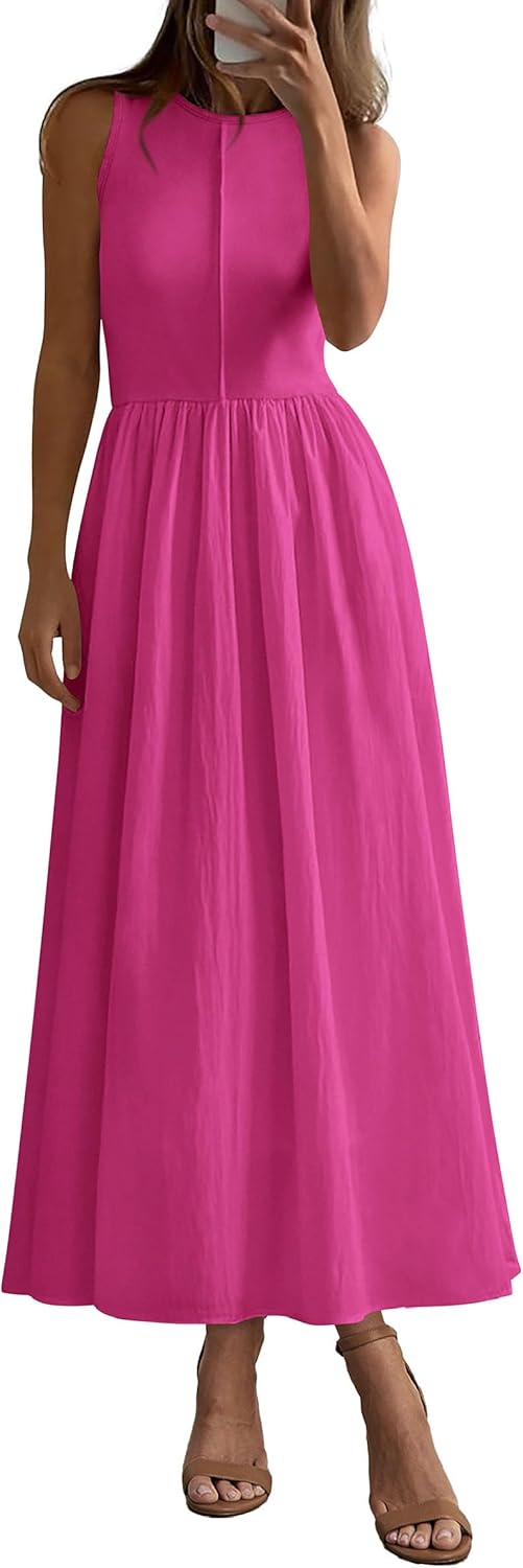 Women 2026 Summer Casual Sleeveless Patchwork Flowy Vacation Sundress Knit Long Work Tank Dress