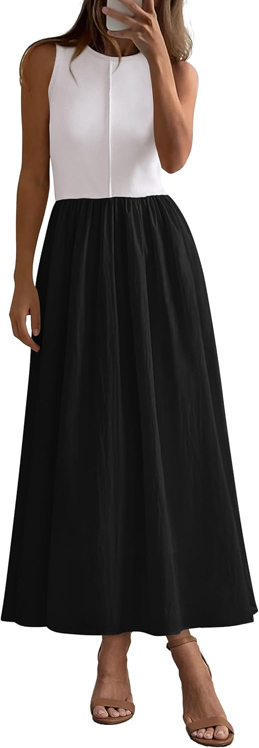 Women 2026 Summer Casual Sleeveless Patchwork Flowy Vacation Sundress Knit Long Work Tank Dress