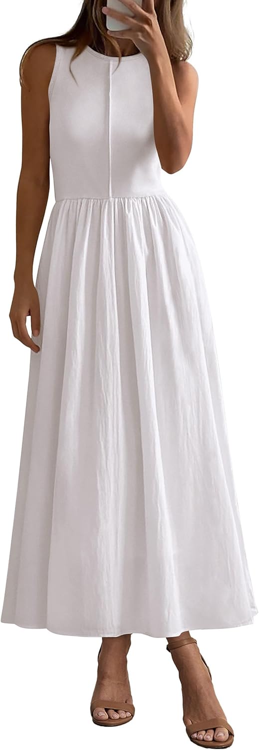 Women 2026 Summer Casual Sleeveless Patchwork Flowy Vacation Sundress Knit Long Work Tank Dress