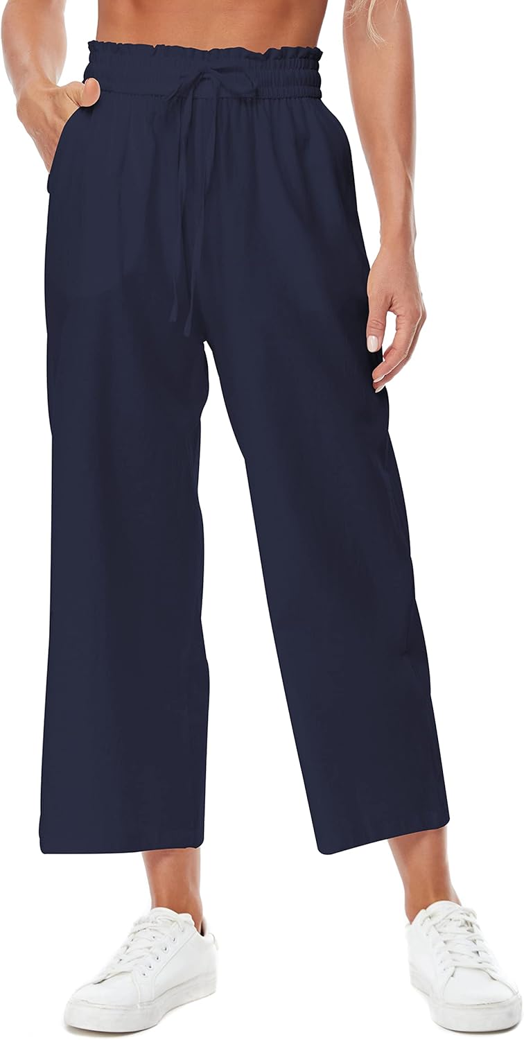 Womens Linen Wide Leg Pants High Waisted Drawstring Loose Pants with Pocket