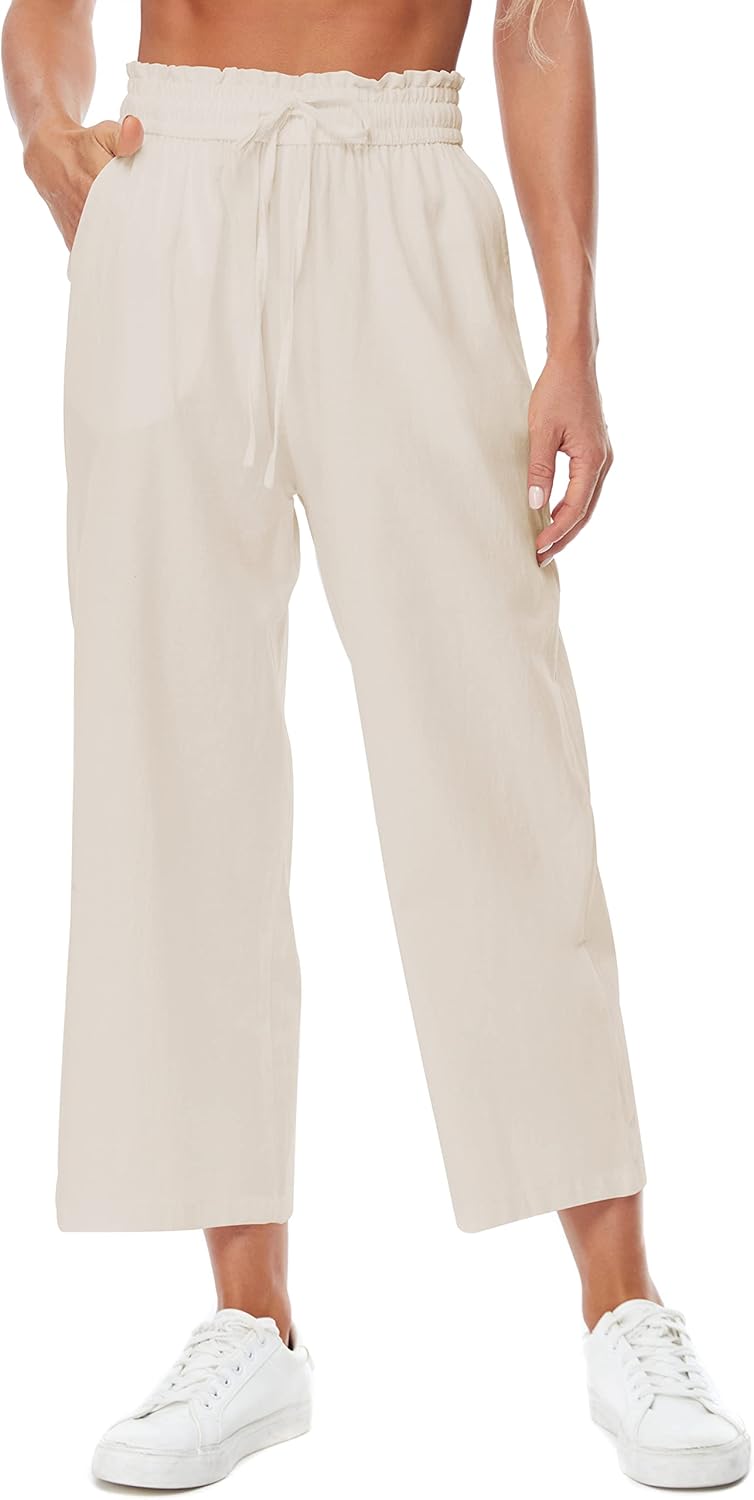 Womens Linen Wide Leg Pants High Waisted Drawstring Loose Pants with Pocket