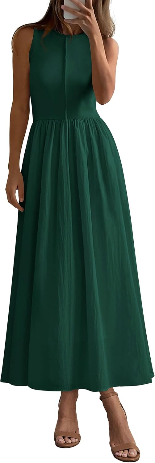 Women 2026 Summer Casual Sleeveless Patchwork Flowy Vacation Sundress Knit Long Work Tank Dress