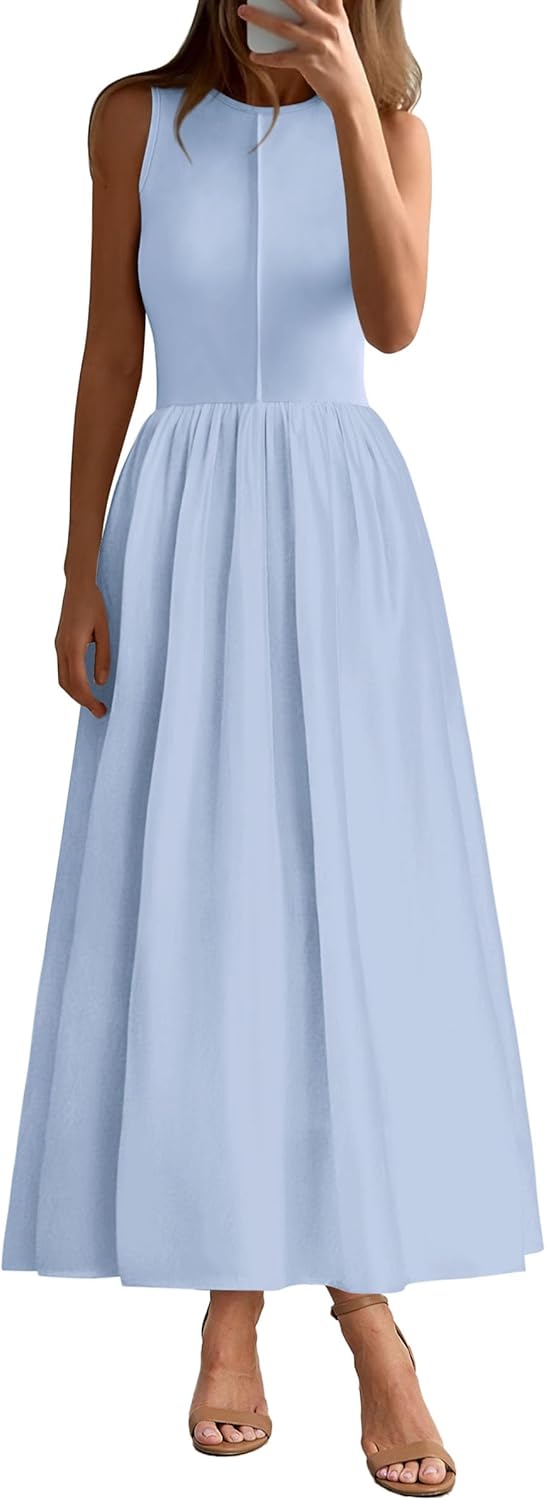 Women 2026 Summer Casual Sleeveless Patchwork Flowy Vacation Sundress Knit Long Work Tank Dress
