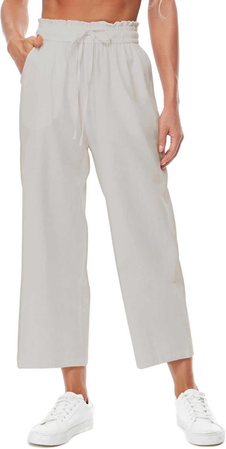 Womens Linen Wide Leg Pants High Waisted Drawstring Loose Pants with Pocket