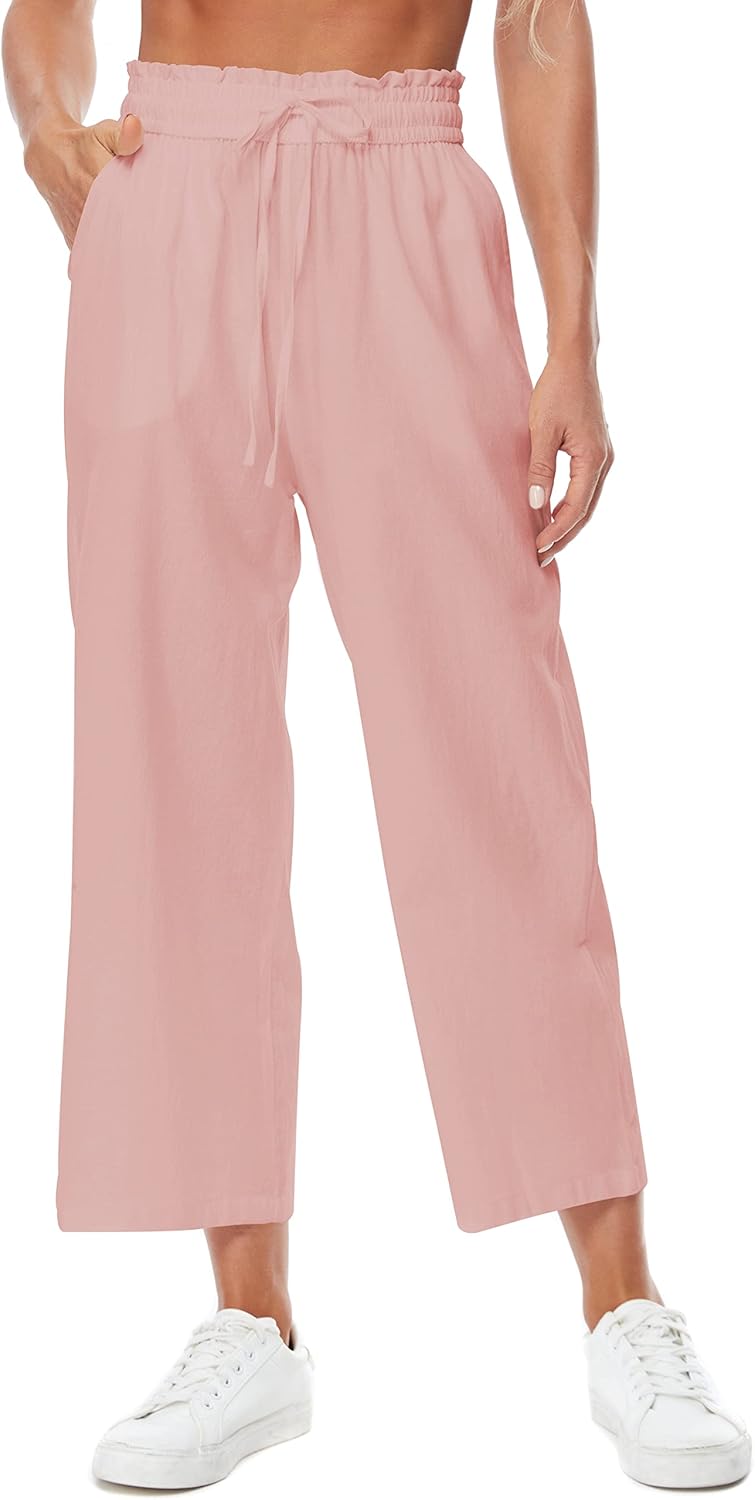 Womens Linen Wide Leg Pants High Waisted Drawstring Loose Pants with Pocket