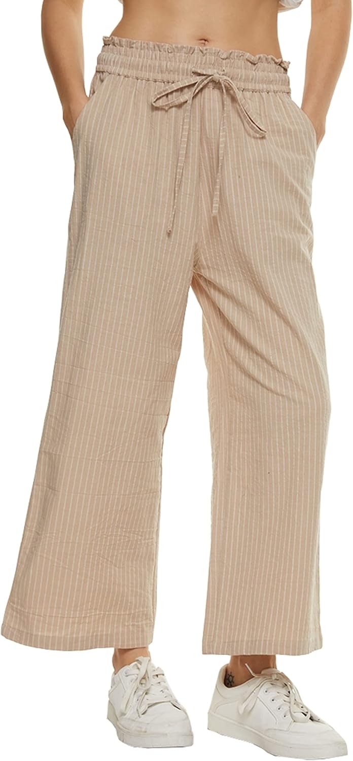 Womens Linen Wide Leg Pants High Waisted Drawstring Loose Pants with Pocket
