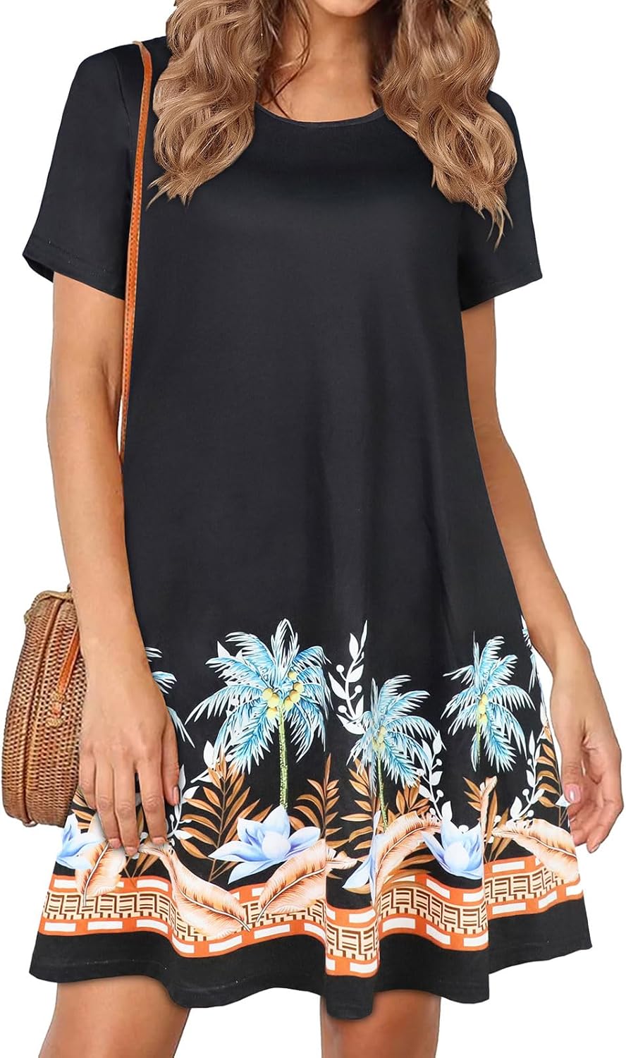 Womens Summer Dresses Beach Casual Loose Tshirt Floral Short Sleeve Flowy Pockets Sundresses