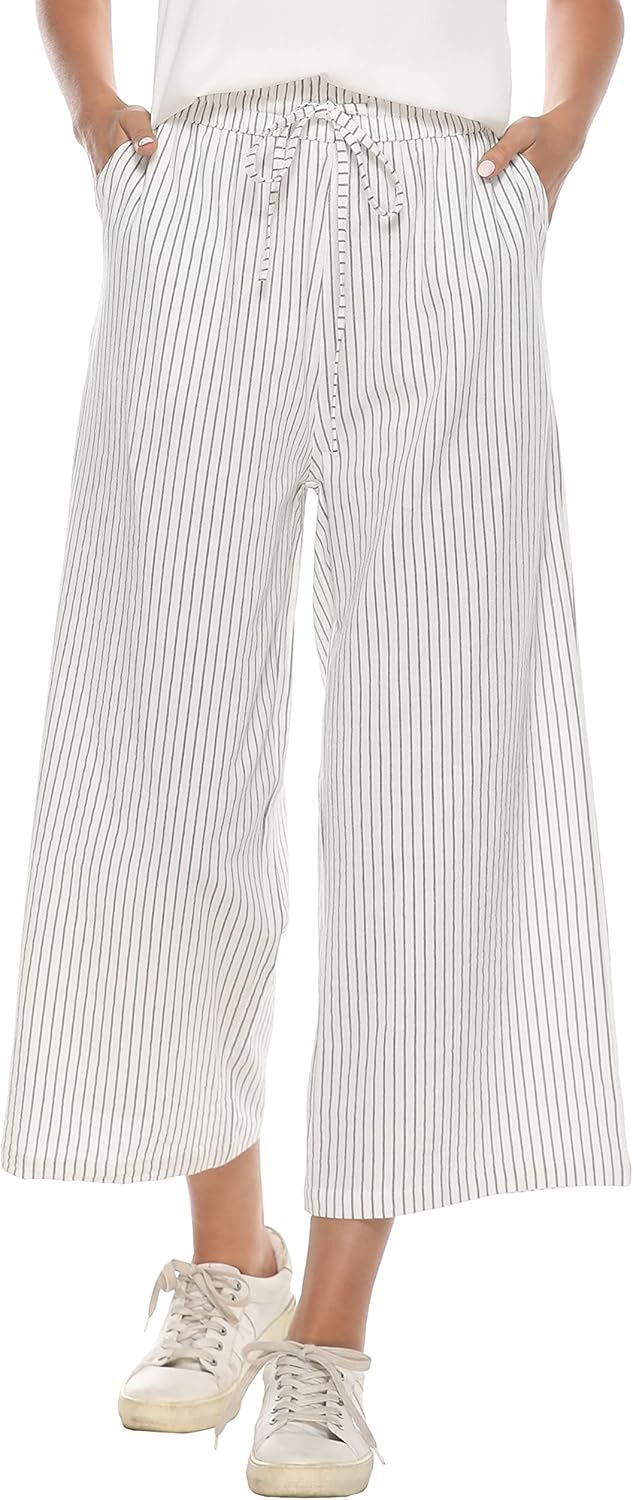 Womens Linen Wide Leg Pants High Waisted Drawstring Loose Pants with Pocket
