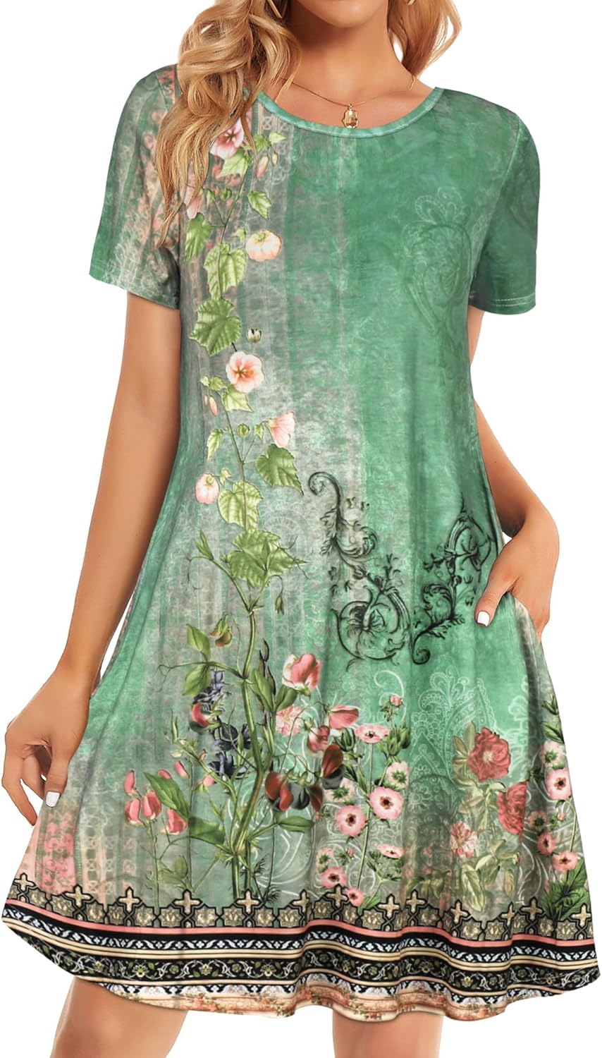 Womens Summer Dresses Beach Casual Loose Tshirt Floral Short Sleeve Flowy Pockets Sundresses
