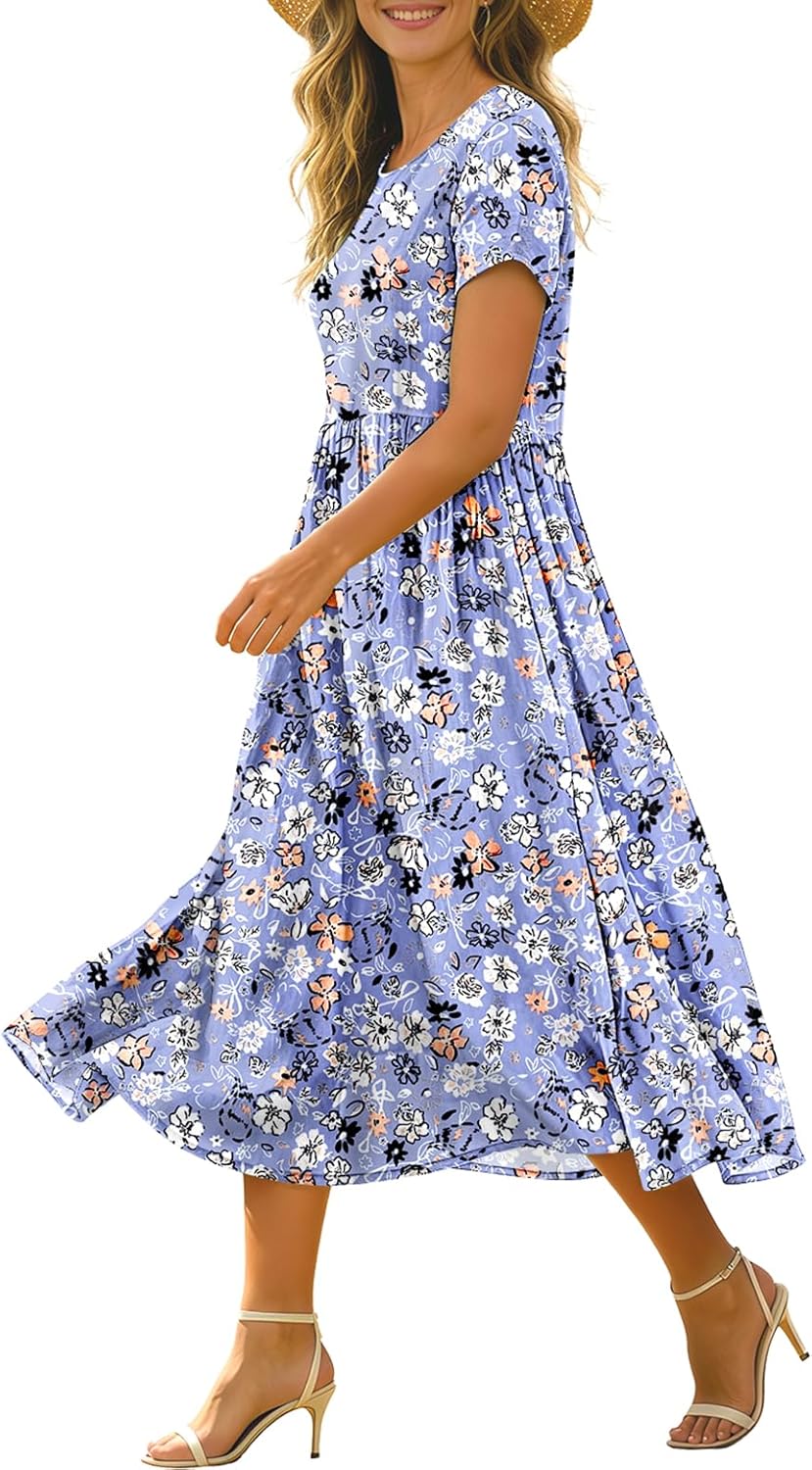 Women's Summer Casual Loose Dresses Boho Floral Maxi Dress for Women Beach Vacation with Pockets HD1