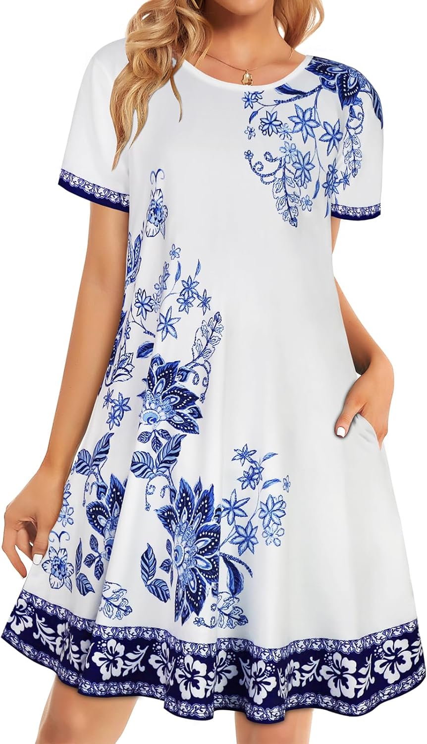 Womens Summer Dresses Beach Casual Loose Tshirt Floral Short Sleeve Flowy Pockets Sundresses
