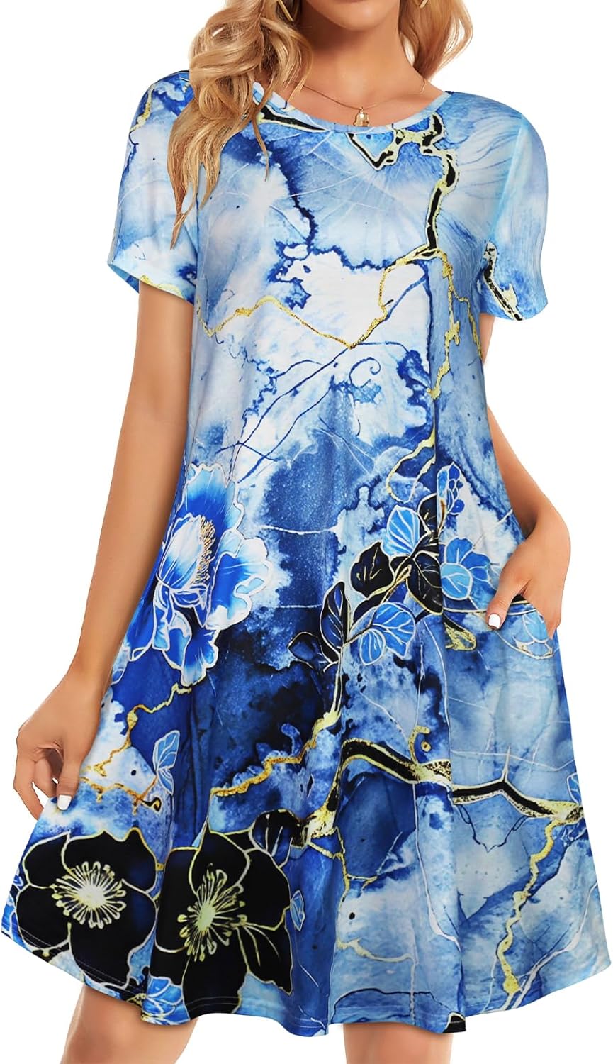 Womens Summer Dresses Beach Casual Loose Tshirt Floral Short Sleeve Flowy Pockets Sundresses