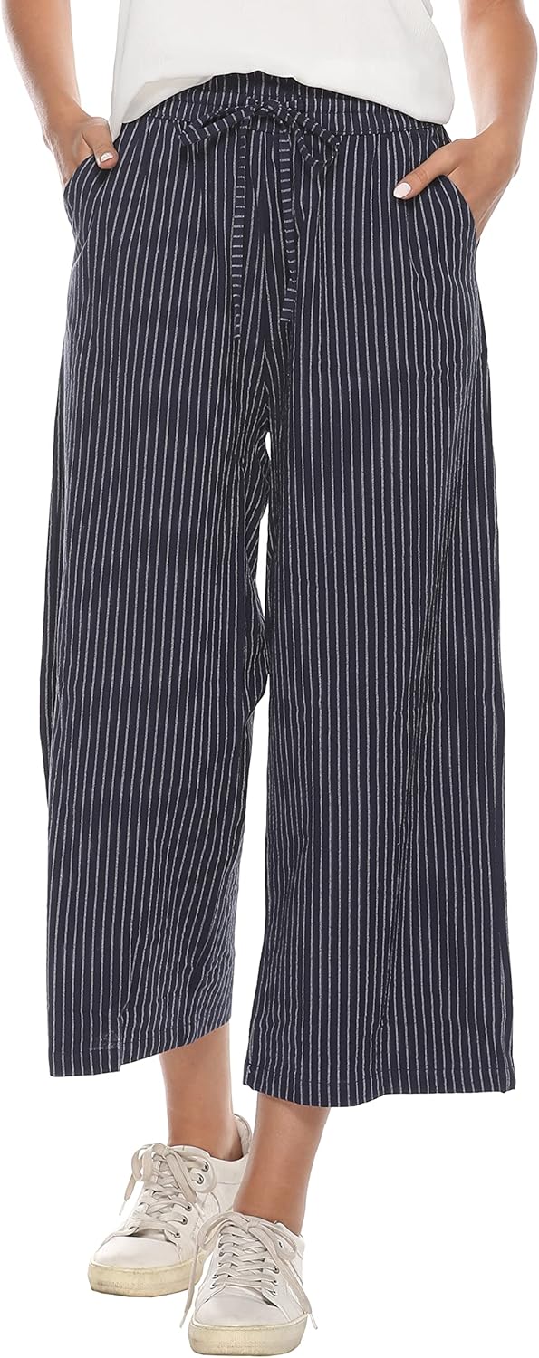 Womens Linen Wide Leg Pants High Waisted Drawstring Loose Pants with Pocket